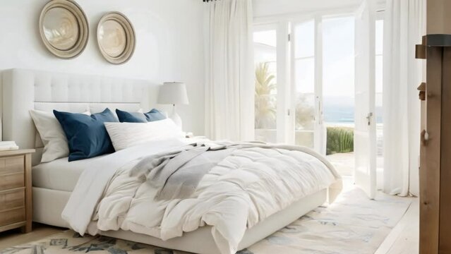 White coastal cottage bedroom decor, interior design and home decor, bed with elegant bedding and bespoke furniture, English country house and holiday rental style