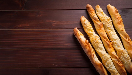 Freshly baked breadsticks with cheese on wooden table. Tasty food. Delicious snack. Baked goods.