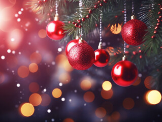 Festive Red Christmas Balls Hanging on Tree with Sparkling Background, AI Generation