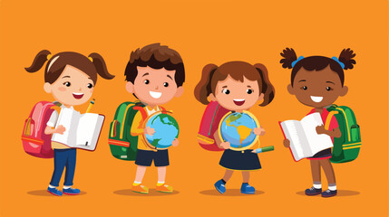 Cute schoolchildren with notebooks and globe on orange