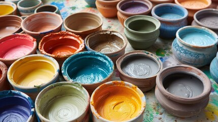 A potters tools including a set of scales and a color wheel alongside pots of clay in a rainbow of colors showcasing the technical and artistic skill involved in custom mixing..