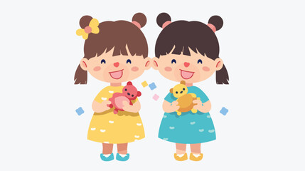 Cute twin girls with toy on white background