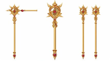 Symbols of the monarchic monarchy, including gold scepters, royal wands, and imperial coronation rods isolated on a white background.
