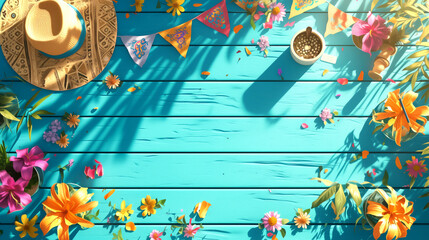 Cinco de Mayo with an empty wooden table top adorned with vibrant flowers, colorful piñatas, and festive papel picado banners