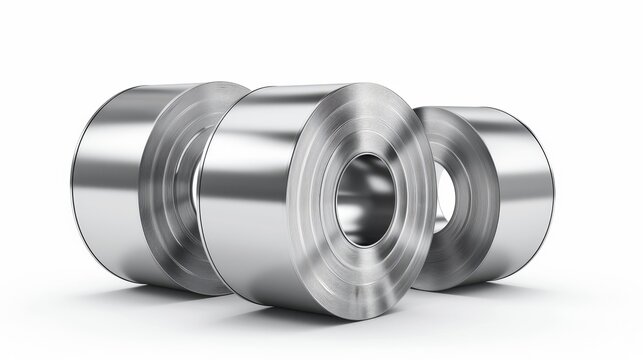 Heavy metallurgical industry, industrial manufacturing business production shiny metal stainless iron or aluminum cylinders isolated on white background, realistic 3D modern illustration
