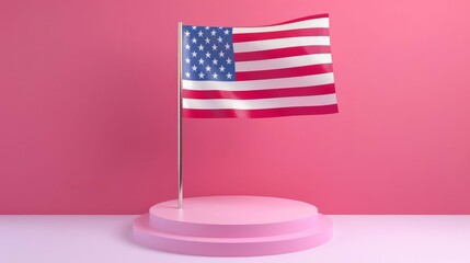 3d rendering of USA flag with podium for product presentation, Advertising Stand on blue background