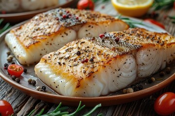 Baked halibut fillet on kitchen table plate professional advertising food photography