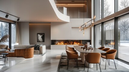 Obraz premium Interior design, dining room, high ceiling, brown chairs, fireplace, contemporary style, minimalist. Generative AI.
