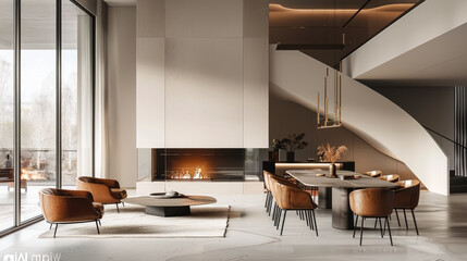 Obraz premium Elegant interior of a dining room with high ceiling, brown chairs, fireplace. Generative AI.