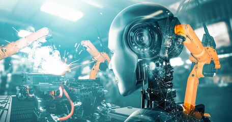 MLP Mechanized industry robot and robotic arms double exposure image. Concept of artificial...