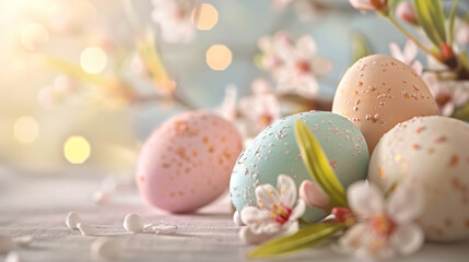 Beautiful Easter eggs on light background --ar 169