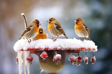 Winter birds perched on a frosty bird feeder.