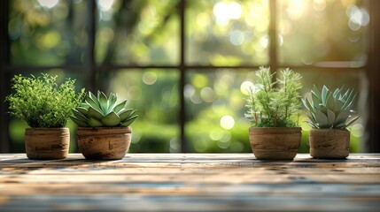 A wooden table top with pot plants blurred background for products, Bright color. Generative AI.