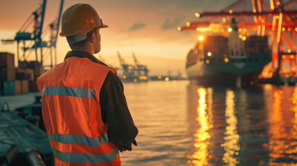 A shipyard worker looking at a docked container ship