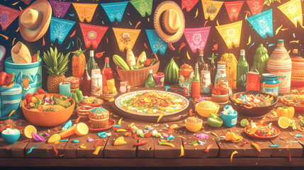 Cinco de Mayo festival with an empty wooden table top surrounded by vibrant piñatas and festive sombreros