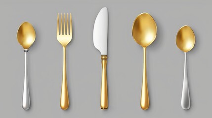 A realistic modern illustration of a golden and silver metal cutlery set. Silverware and gold utensils on a grey background. Cutlery and silverware set for catering. Modeling luxury metal tableware - obrazy, fototapety, plakaty