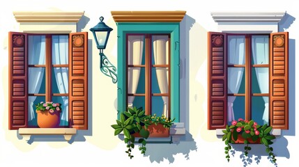 A set of wooden houses with open shutters in the Mediterranean style is isolated on a white background. A modern cartoon set of residential houses with colored frames, curtains, and flower pots on