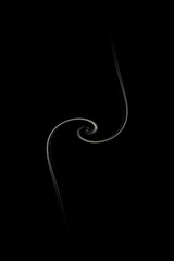 White lines on a black background. Two curved lines cut into a swirl. Abstract illustration