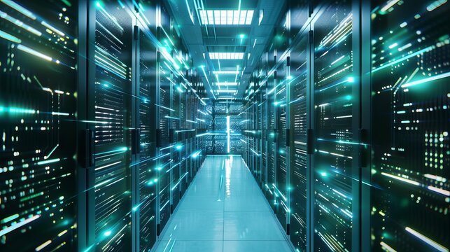 Busy Data Center Corridor: Rows of Rack Servers and Supercomputers with Internet Visualization