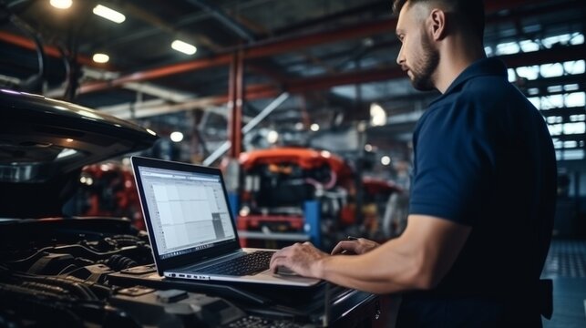 Computer diagnostics. An automotive mechanical technician using laptop computer programming. Car maintenance service concept