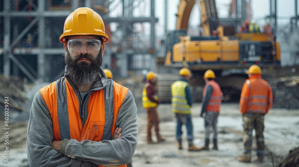 Poster A team of civil engineers and construction workers, led by a engineer, standing in front of a construction site with heavy machinery in the background. Generative AI.