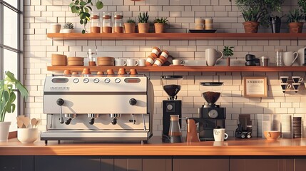 the essence of coffee culture with an image of a trendy coffee shop interior, featuring minimalist decor and a stylish espresso machine.