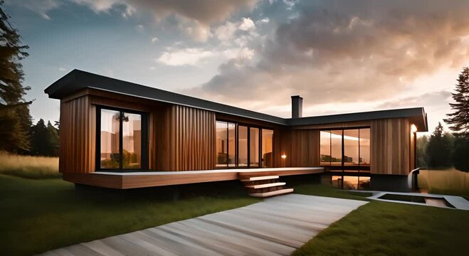 modern wooden house concept on spacious land the afternoon