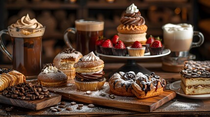 the indulgence of coffee with a luxurious photo of a gourmet coffee spread, featuring decadent pastries and an assortment of specialty drinks.