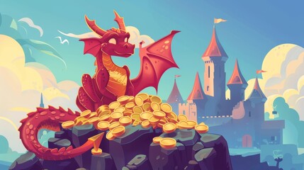 Dragon sitting on gold pile in castle, fantasy character guarding treasures in palace. Magic creature of medieval fairytale, flying animal, book or computer game character, cartoon modern