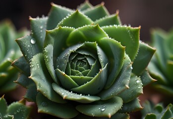 A close-up view of a succulent plant, its plump green leaves forming a rosette pattern, with tiny droplets clinging to its surface, generative AI