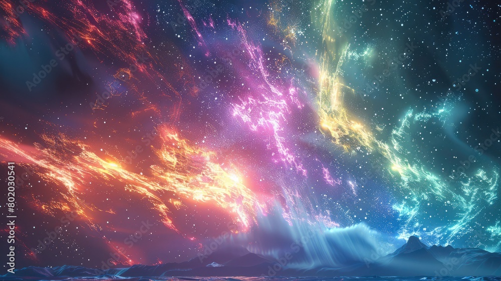 Aufkleber light sky with colorful light explosions from horizontal like northern lights. generative ai.