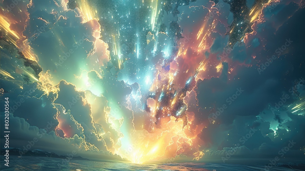 Poster Light sky with colorful light explosions from horizontal like northern lights. Generative AI.