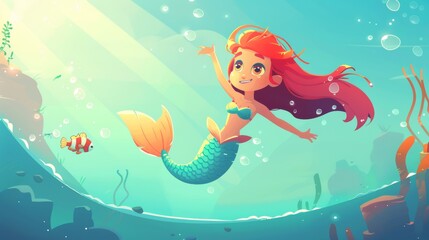 Pretty mermaid with a little fish in the sea. Modern cartoon character, fish with red hair and tail in ocean waters with bubbles.