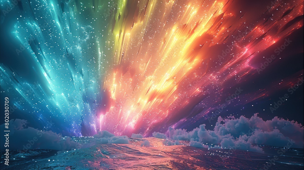 Poster light sky with colorful light explosions from horizontal like northern lights. generative ai.