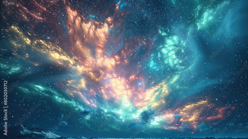Poster Light sky with colorful light explosions from horizontal like northern lights. Generative AI.