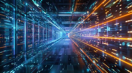 Busy Data Center Corridor: Rows of Rack Servers and Supercomputers with Internet Visualization