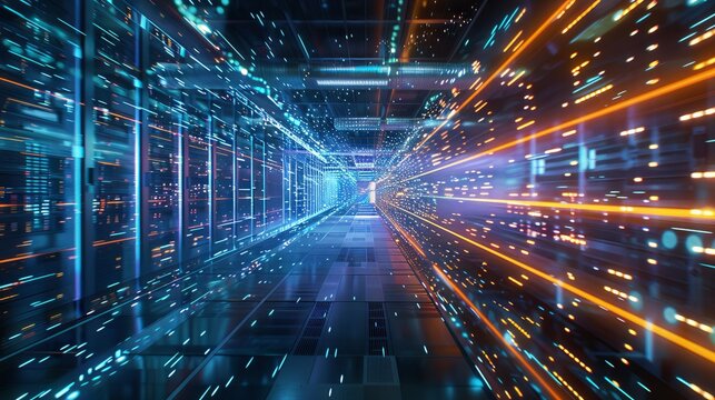 Busy Data Center Corridor: Rows of Rack Servers and Supercomputers with Internet Visualization