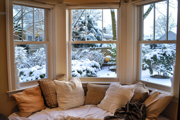 Over-the-shoulder perspective from a cozy seat by a window with a view of a winter garden.