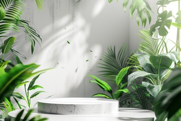 Stylish white podium for showcasing products amidst lush tropical garden ambiance