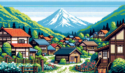 beautiful scene village with background mountain and forest pixel art illustration