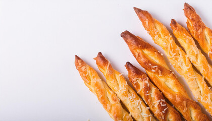 Freshly baked breadsticks with cheese on white table. Tasty food. Delicious snack. Baked goods.
