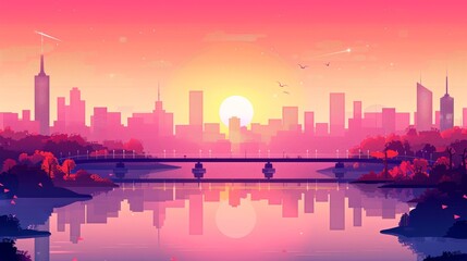 Modern cartoon landscape of sea, island with city skyscrapers on horizon and overpass highway in morning pink light with buildings above lake or river at sunset.