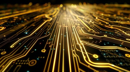 Macro view of black pcb with gold connectors, tech concepthorizontal electronic banner