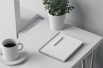 Cup of coffee and a notebook on a desk. White background 