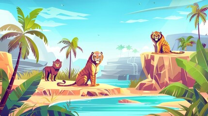 Tiger, hyena, and monkey jungle inhabitants in the zoo or safari outdoor area. Modern web banner for booking safari tickets on Savannah tour cartoon landing page.
