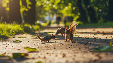 Obraz premium A squirrel and its cubs are running along a path in the park. Silhouettes of people