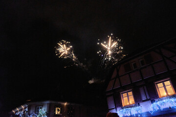 Alsace-December: night view of Ribeauville with fireworks