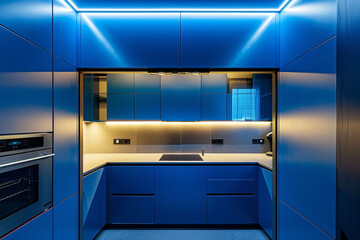 View from a cupboard in a sleek kitchen with cobalt blue cabinets and LED lighting.
