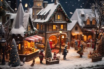 Close-up of a snowy outdoor Christmas market.