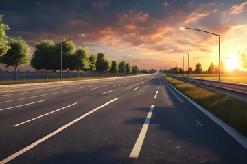 Fototapeta premium Wide landscape view of a street road highway with a beautiful sunset view
